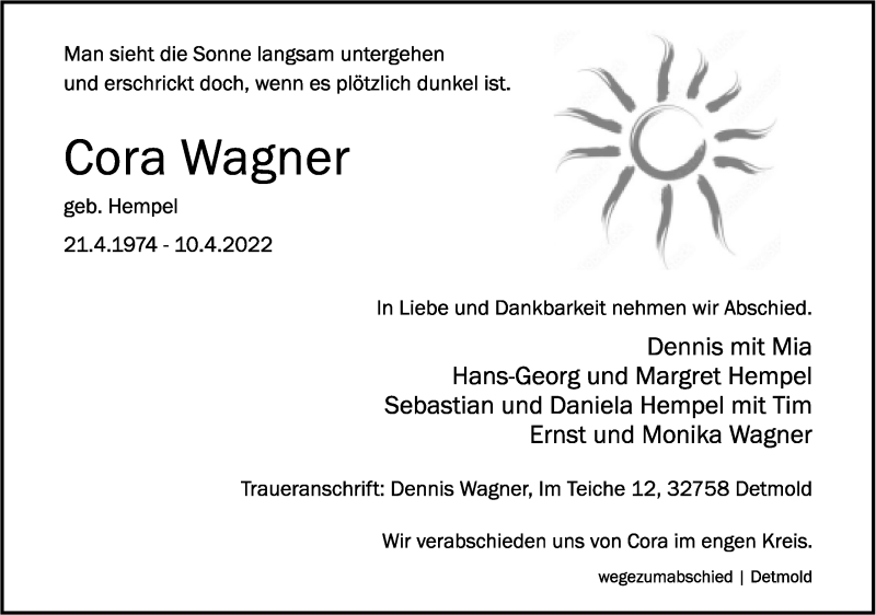  Traueranzeige für Cora Wagner vom 15.04.2022 aus Lippische Landes-Zeitung