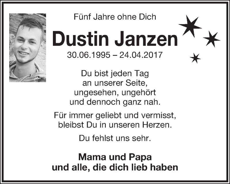  Traueranzeige für Dustin Janzen vom 24.04.2022 aus Lippische Landes-Zeitung