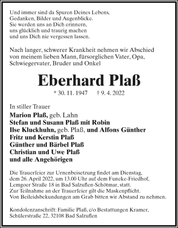 Anzeige  Eberhard Plaß  Lippische Landes-Zeitung