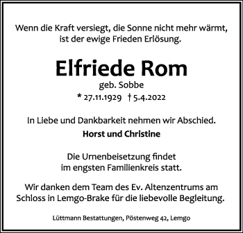 Anzeige  Elfriede Rom  Lippische Landes-Zeitung