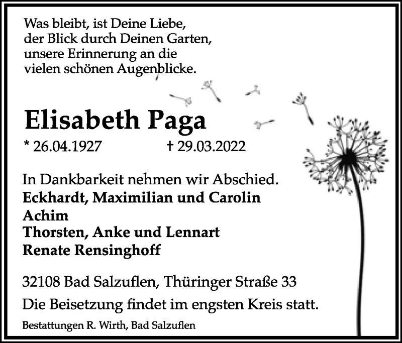  Traueranzeige für Elisabeth Paga vom 02.04.2022 aus Lippische Landes-Zeitung