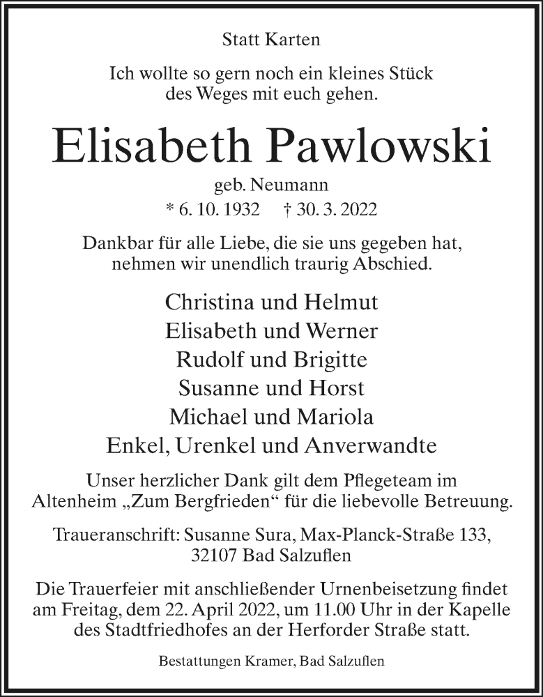  Traueranzeige für Elisabeth Pawlowski vom 02.04.2022 aus Lippische Landes-Zeitung
