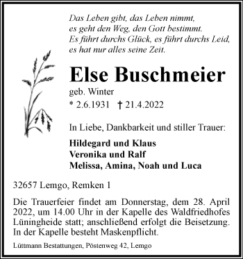Anzeige  Else Buschmeier  Lippische Landes-Zeitung