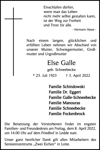 Anzeige  Else Galle  Lippische Landes-Zeitung