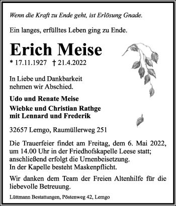 Anzeige  Erich Meise  Lippische Landes-Zeitung