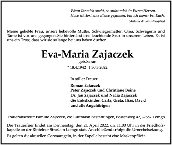 Anzeige  Eva-Maria Zajaczek  Lippische Landes-Zeitung