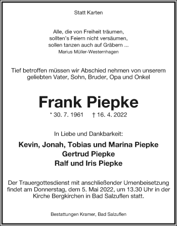Anzeige  Frank Piepke  Lippische Landes-Zeitung