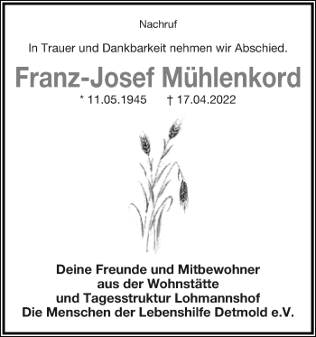 Anzeige  Franz-Josef Mühlenkord  Lippische Landes-Zeitung