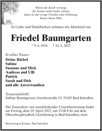 Anzeige  Friedel Baumgarten  Lippische Landes-Zeitung