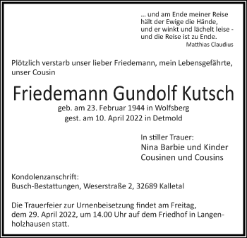 Anzeige  Friedemann Gundolf Kutsch  Lippische Landes-Zeitung