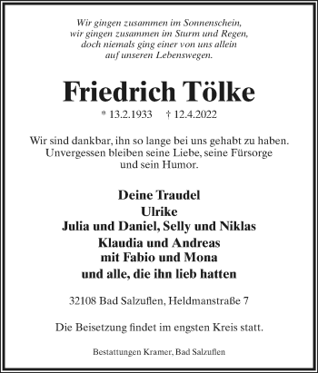 Anzeige  Friedrich Tölke  Lippische Landes-Zeitung