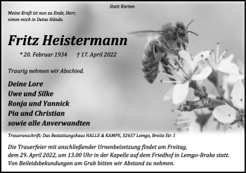 Anzeige  Fritz Heistermann  Lippische Landes-Zeitung
