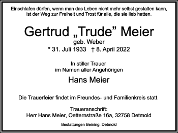 Anzeige  Gertrud Meier  Lippische Landes-Zeitung