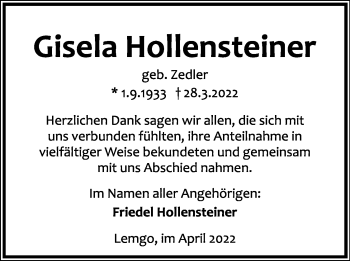 Anzeige  Gisela Hollensteiner  Lippische Landes-Zeitung