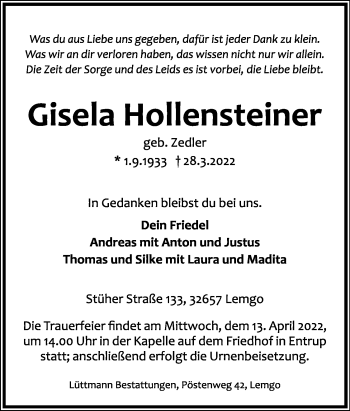 Anzeige  Gisela Hollensteiner  Lippische Landes-Zeitung