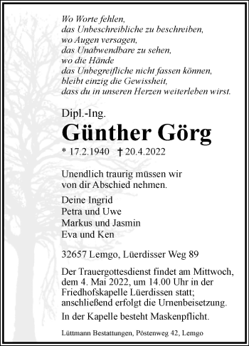 Anzeige  Günther Görg  Lippische Landes-Zeitung