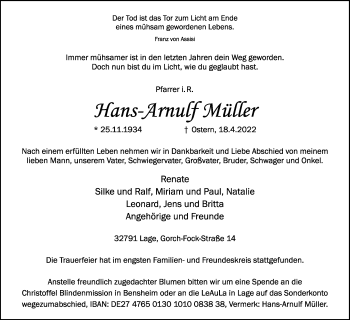 Anzeige  Hans-Arnulf Müller  Lippische Landes-Zeitung