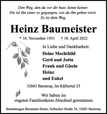 Anzeige  Heinz Baumeister  Lippische Landes-Zeitung