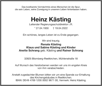 Anzeige  Heinz Kästing  Lippische Landes-Zeitung