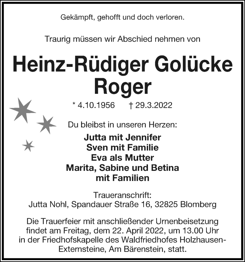  Traueranzeige für Heinz-Rüdiger Golücke vom 15.04.2022 aus Lippische Landes-Zeitung