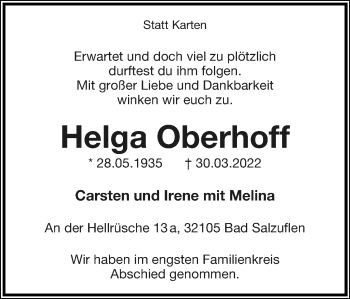 Anzeige  Helga Oberhoff  Lippische Landes-Zeitung