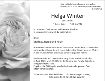 Anzeige  Helga Winter  Lippische Landes-Zeitung