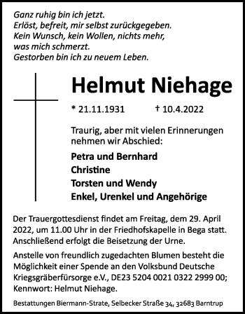 Anzeige  Helmut Niehage  Lippische Landes-Zeitung