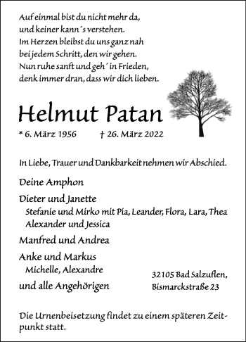 Anzeige  Helmut Patan  Lippische Landes-Zeitung
