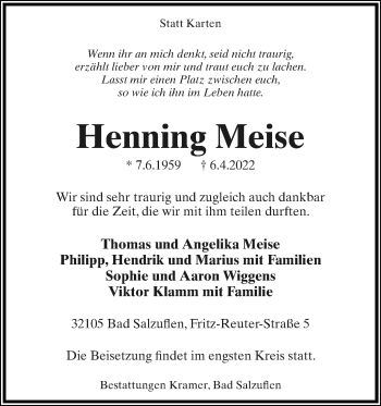 Anzeige  Henning Meise  Lippische Landes-Zeitung