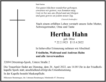 Anzeige  Hertha Hahn  Lippische Landes-Zeitung