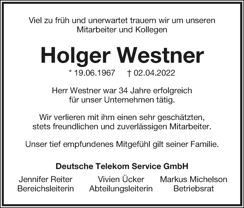  Traueranzeige für Holger Westner vom 09.04.2022 aus Lippische Landes-Zeitung