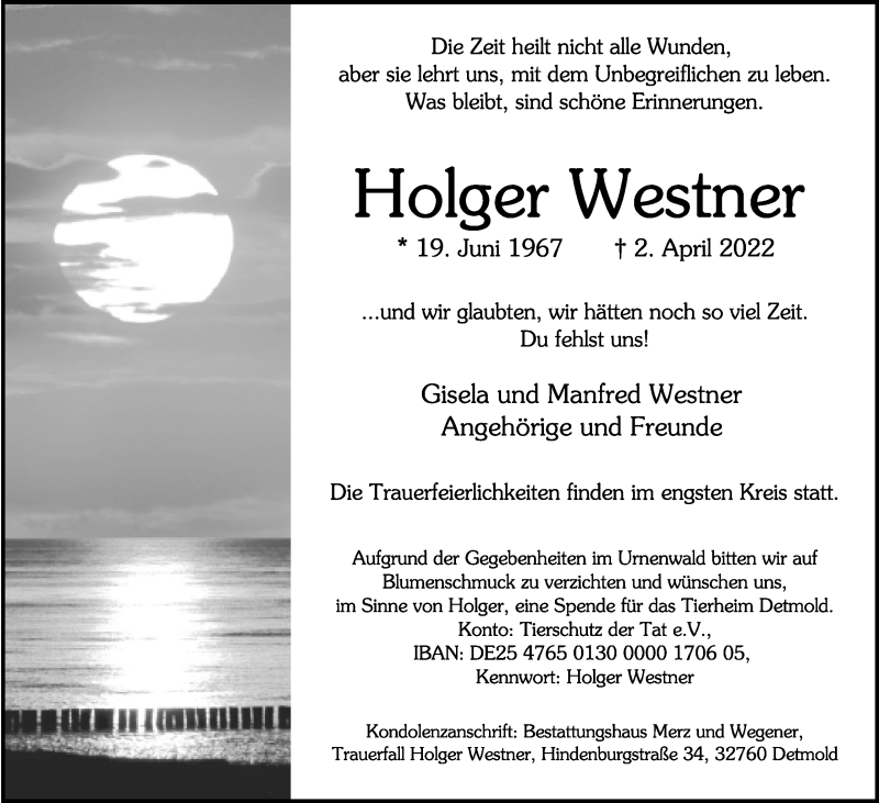  Traueranzeige für Holger Westner vom 09.04.2022 aus Lippische Landes-Zeitung