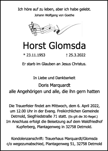 Anzeige  Horst Glomsda  Lippische Landes-Zeitung