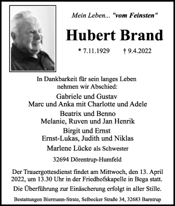 Anzeige  Hubert Brand  Lippische Landes-Zeitung