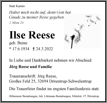 Anzeige  Ilse Reese  Lippische Landes-Zeitung