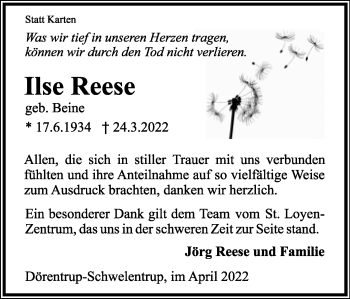 Anzeige  Ilse Reese  Lippische Landes-Zeitung