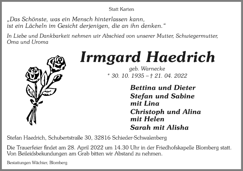  Traueranzeige für Irmgard Haedrich vom 23.04.2022 aus Lippische Landes-Zeitung