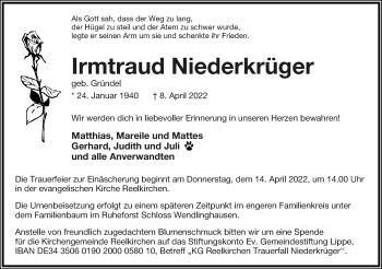 Anzeige  Irmtraud Niederkrüger  Lippische Landes-Zeitung