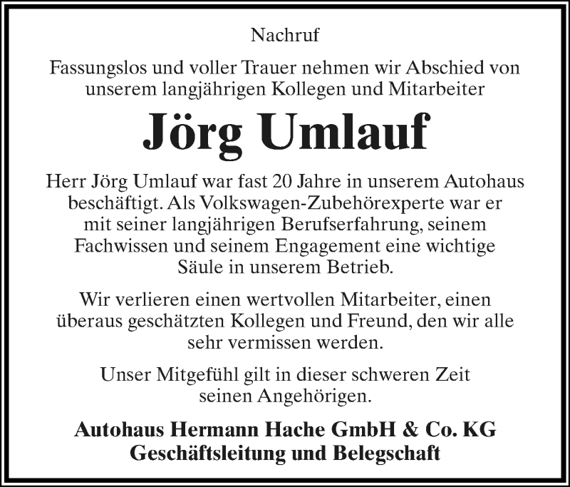  Traueranzeige für Jörg Umlauf vom 09.04.2022 aus Lippische Landes-Zeitung