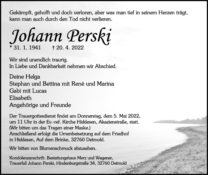  Traueranzeige für Johann Perski vom 30.04.2022 aus Lippische Landes-Zeitung