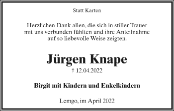 Anzeige  Jürgen Knape  Lippische Landes-Zeitung