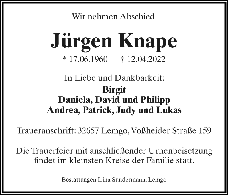  Traueranzeige für Jürgen Knape vom 15.04.2022 aus Lippische Landes-Zeitung