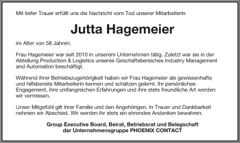 Anzeige  Jutta Hagemeier  Lippische Landes-Zeitung