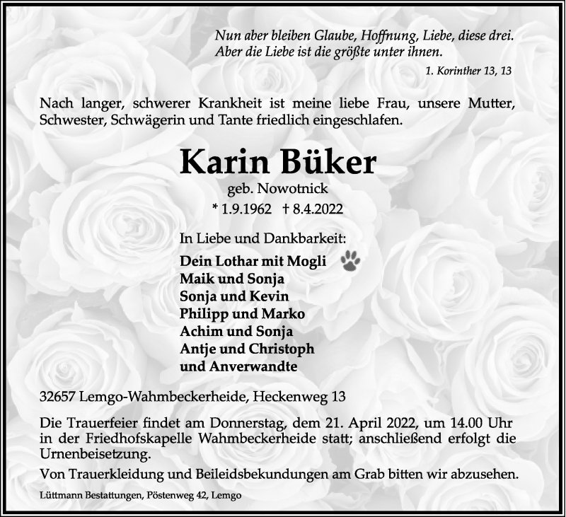  Traueranzeige für Karin Büker vom 15.04.2022 aus Lippische Landes-Zeitung