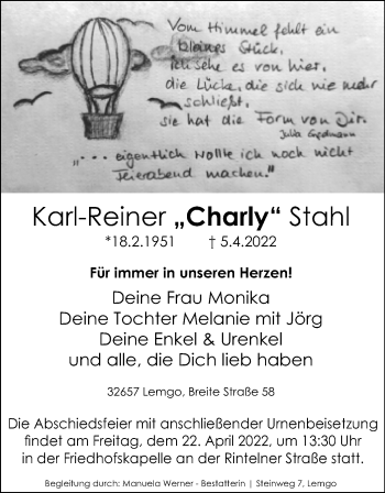 Anzeige  Karl-Reiner Stahl  Lippische Landes-Zeitung