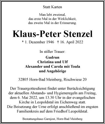 Anzeige  Klaus-Peter Stenzel  Lippische Landes-Zeitung