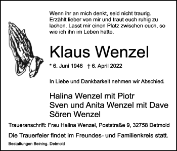Anzeige  Klaus Wenzel  Lippische Landes-Zeitung