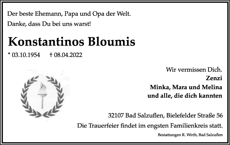  Traueranzeige für Konstantinos Bloumis vom 15.04.2022 aus Lippische Landes-Zeitung