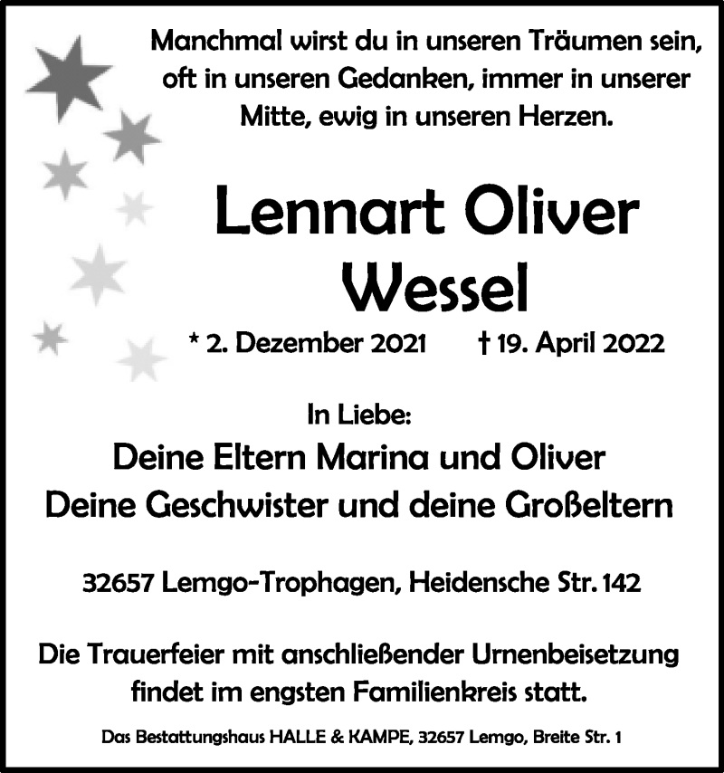 Traueranzeige für Lennart Oliver Wessel vom 30.04.2022 aus Lippische Landes-Zeitung