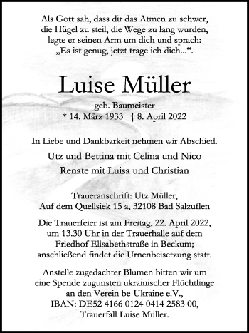 Anzeige  Luise Müller  Lippische Landes-Zeitung